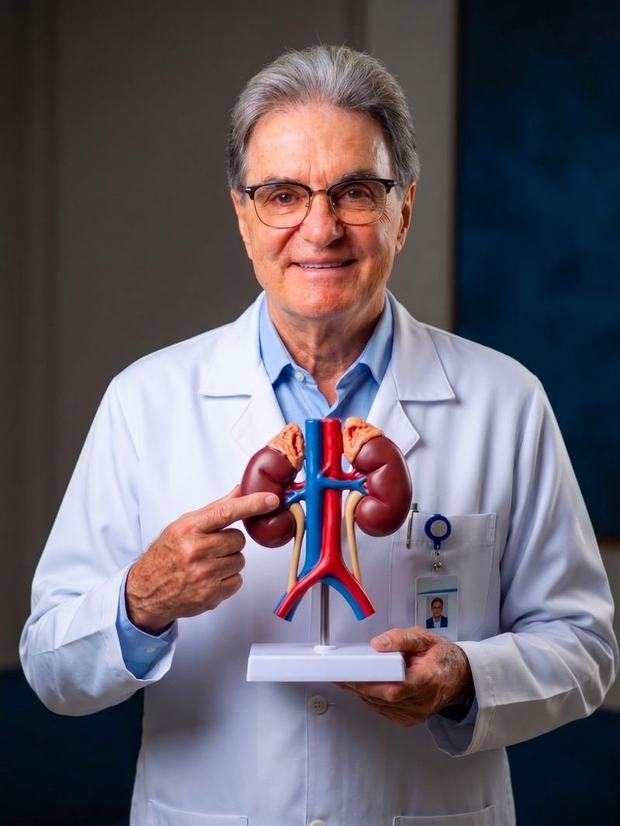 Dr. Rubens Amaral segurando modelo anatômico dos rins